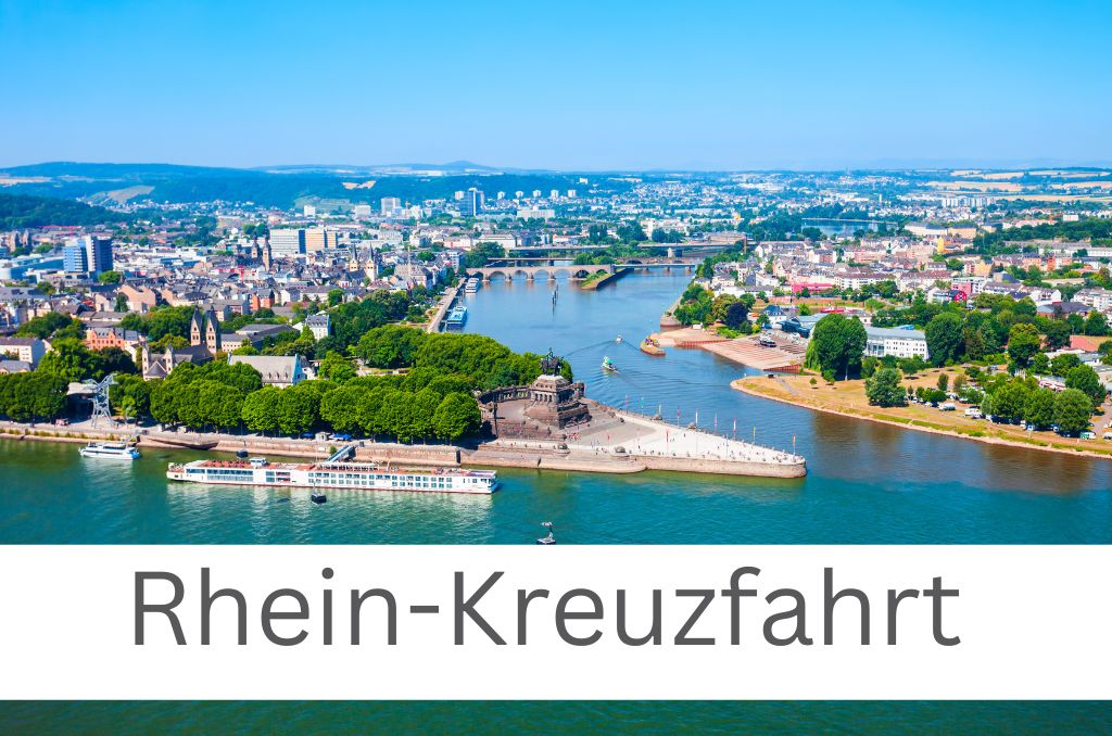 Luftaufnahme des Deutschen Ecks in Koblenz mit einem Flusskreuzfahrtschiff. Unten steht auf weißem Grund der Text Luftaufnahme des Deutschen Ecks in Koblenz mit einem Flusskreuzfahrtschiff. Unten steht auf weißem Grund der Text
