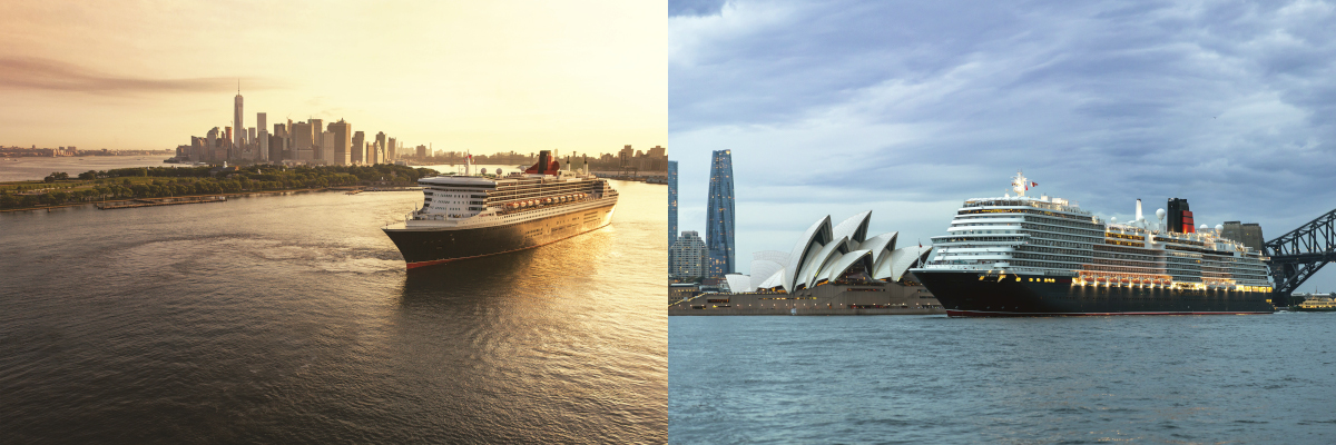 Zwei geteilte Bilder: links ein Kreuzfahrtschiff vor New York bei Sonnenuntergang, rechts vor dem Opera House in Sydney.